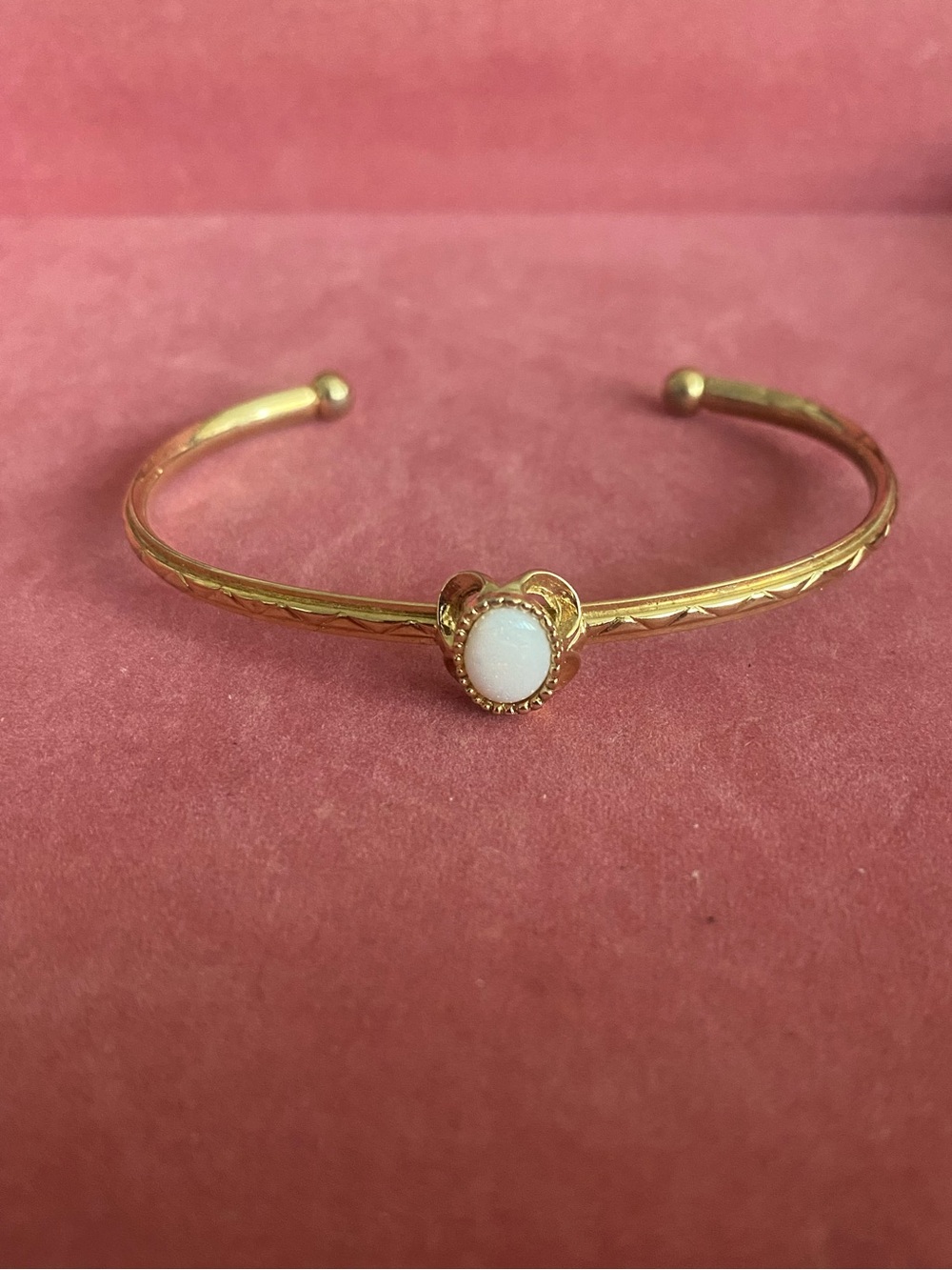 Vintage 70s Engraved Gold Cuff Bracelet With Bezel Set White Stone